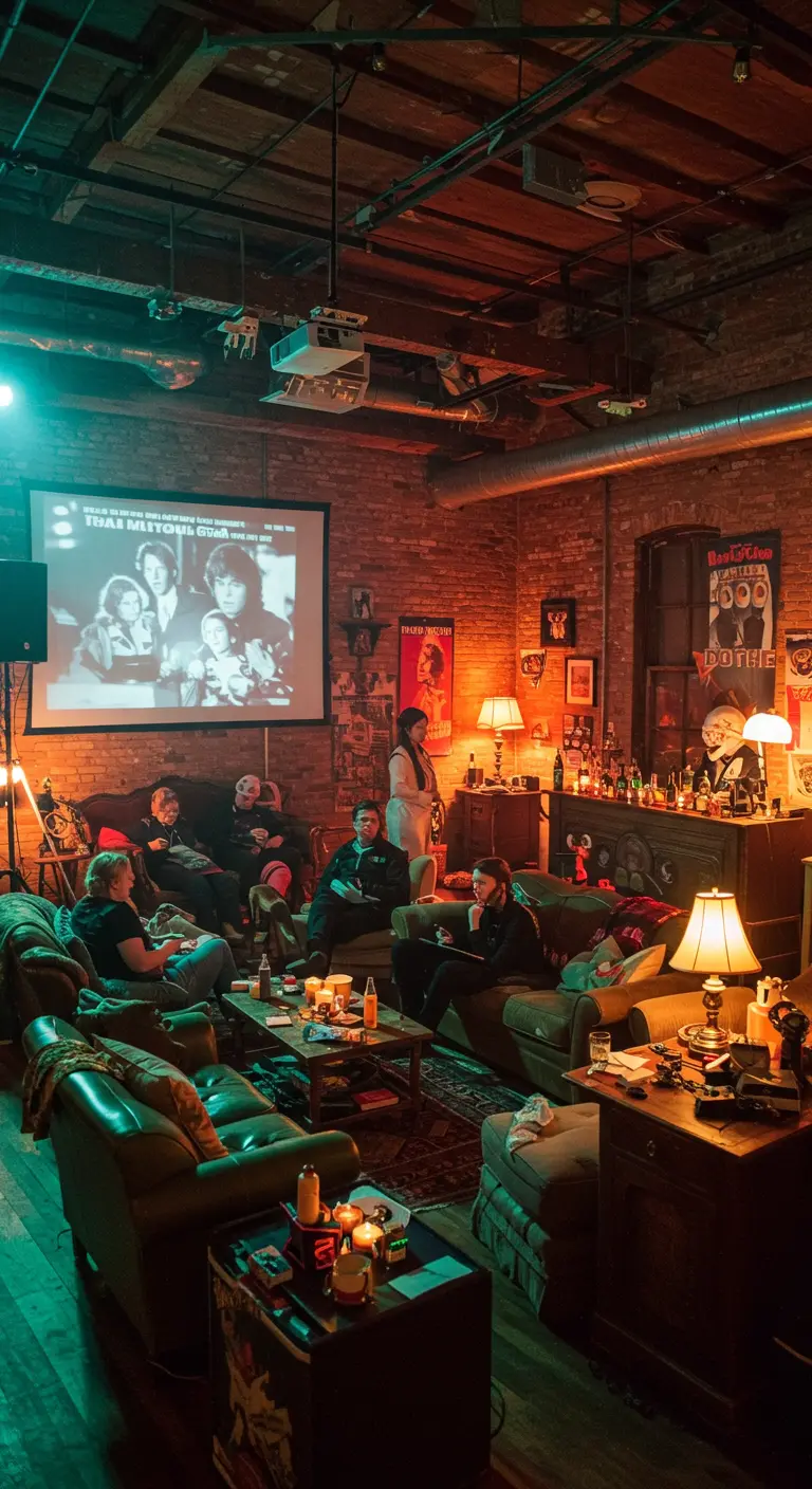 Ambiance loft avec des canapés dépareillés pour une projection de film indépendante.