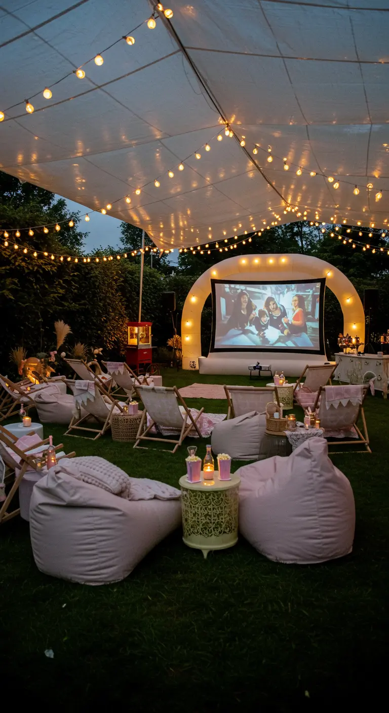 Projection de cinéma en plein air avec un écran gonflable, des poufs et des guirlandes lumineuses.
