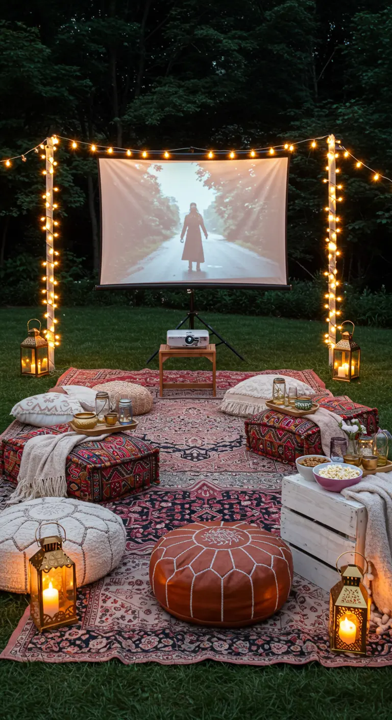 Cinéma en plein air dans un jardin avec un écran, des guirlandes et des coussins au sol.