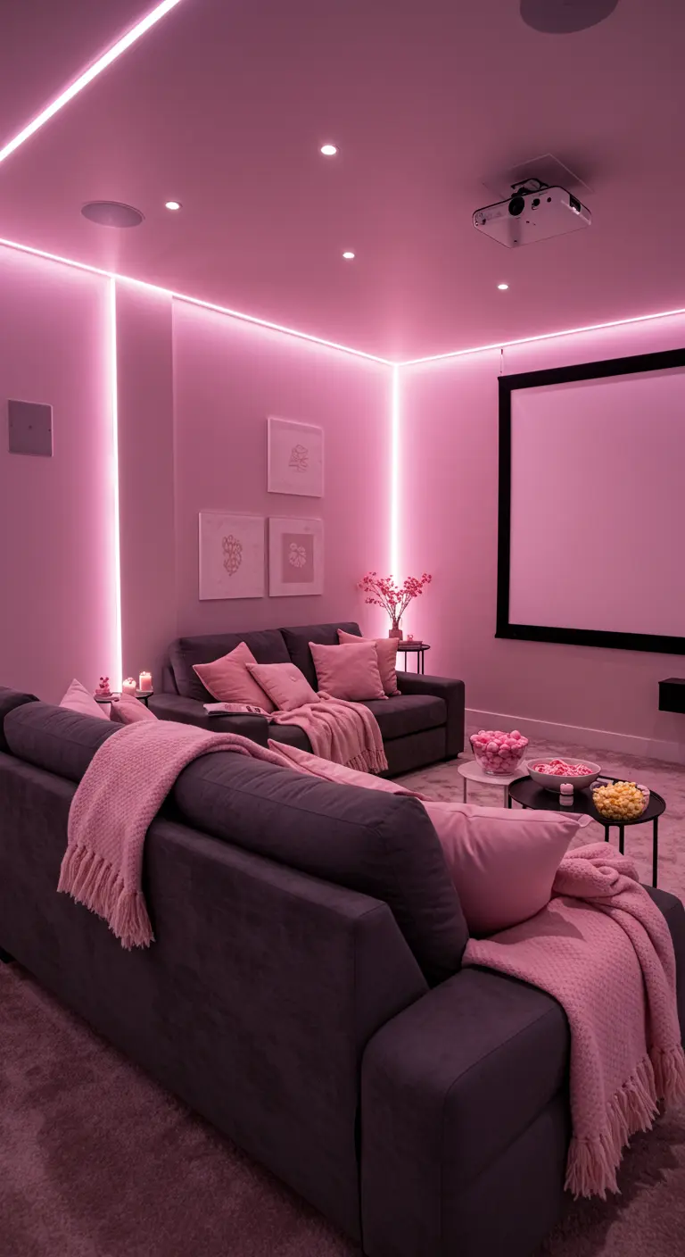 Salle de cinéma maison avec éclairage LED rose, canapés gris et plaids roses.