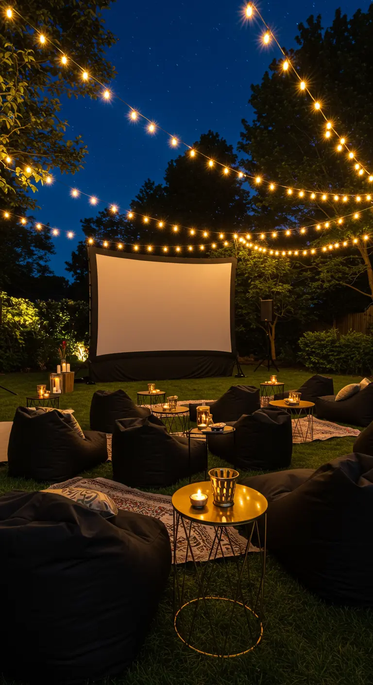 Jardin aménagé en cinéma en plein air avec écran, poufs noirs et guirlandes lumineuses.