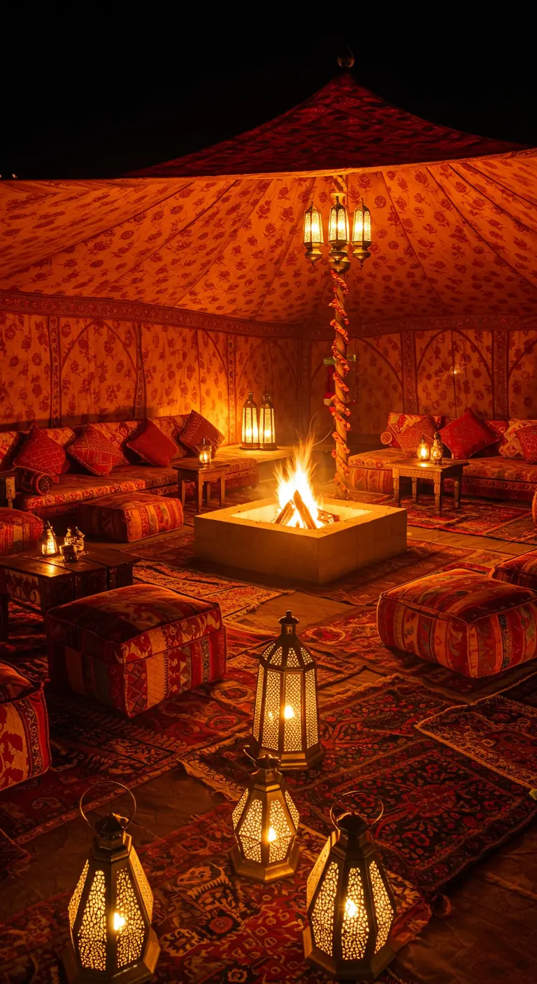 Intérieur d'une tente rouge la nuit, avec un feu central et des coussins.