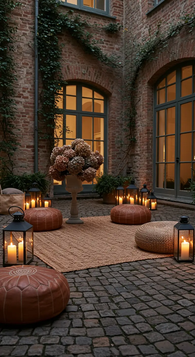 Cour pavée la nuit, éclairée par des lanternes, avec un tapis et des poufs.