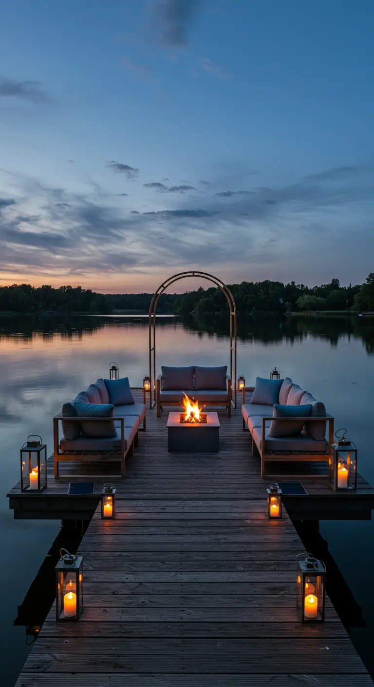 Salon de jardin sur un ponton au crépuscule, avec un brasero central et des lanternes.