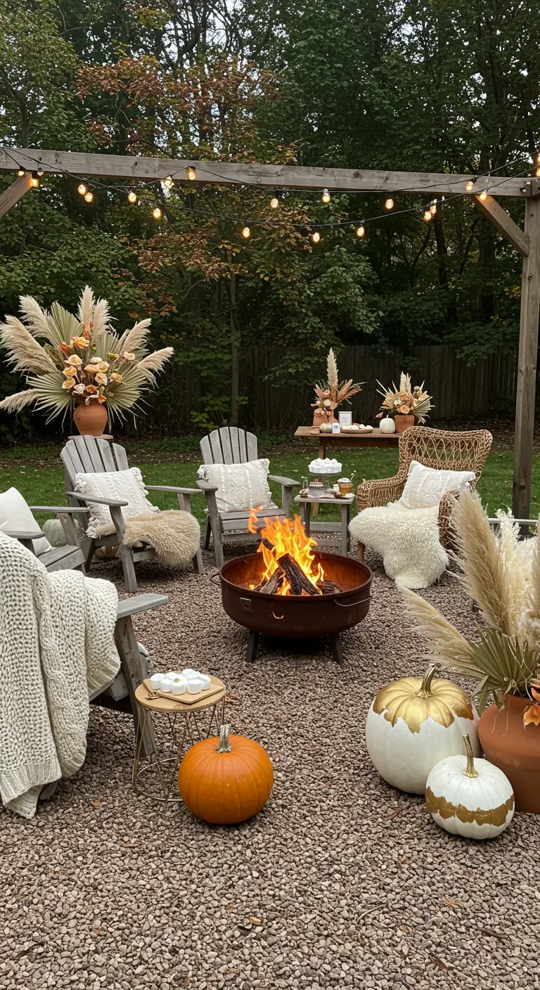 Coin feu extérieur avec fauteuils, plaids douillets et citrouilles décorées.