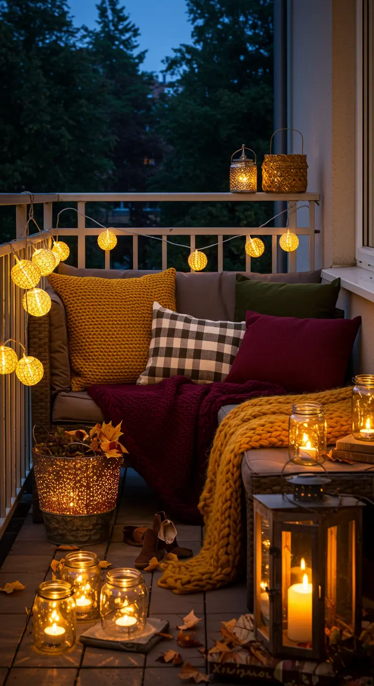 Canapé de balcon confortable avec plaids, coussins et lanternes pour l'automne.