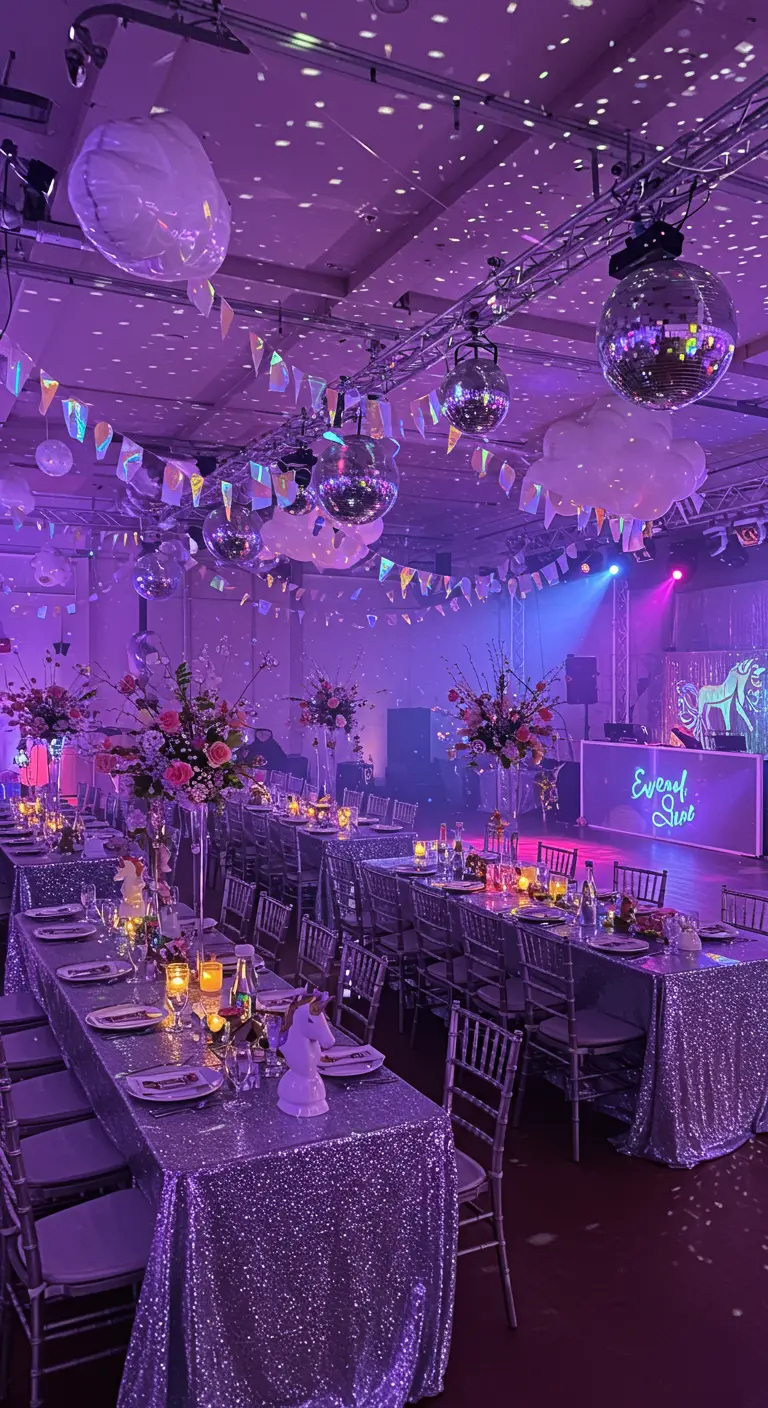 Grande salle de fête avec lumières violettes, boules disco, tables à paillettes et décorations licorne.