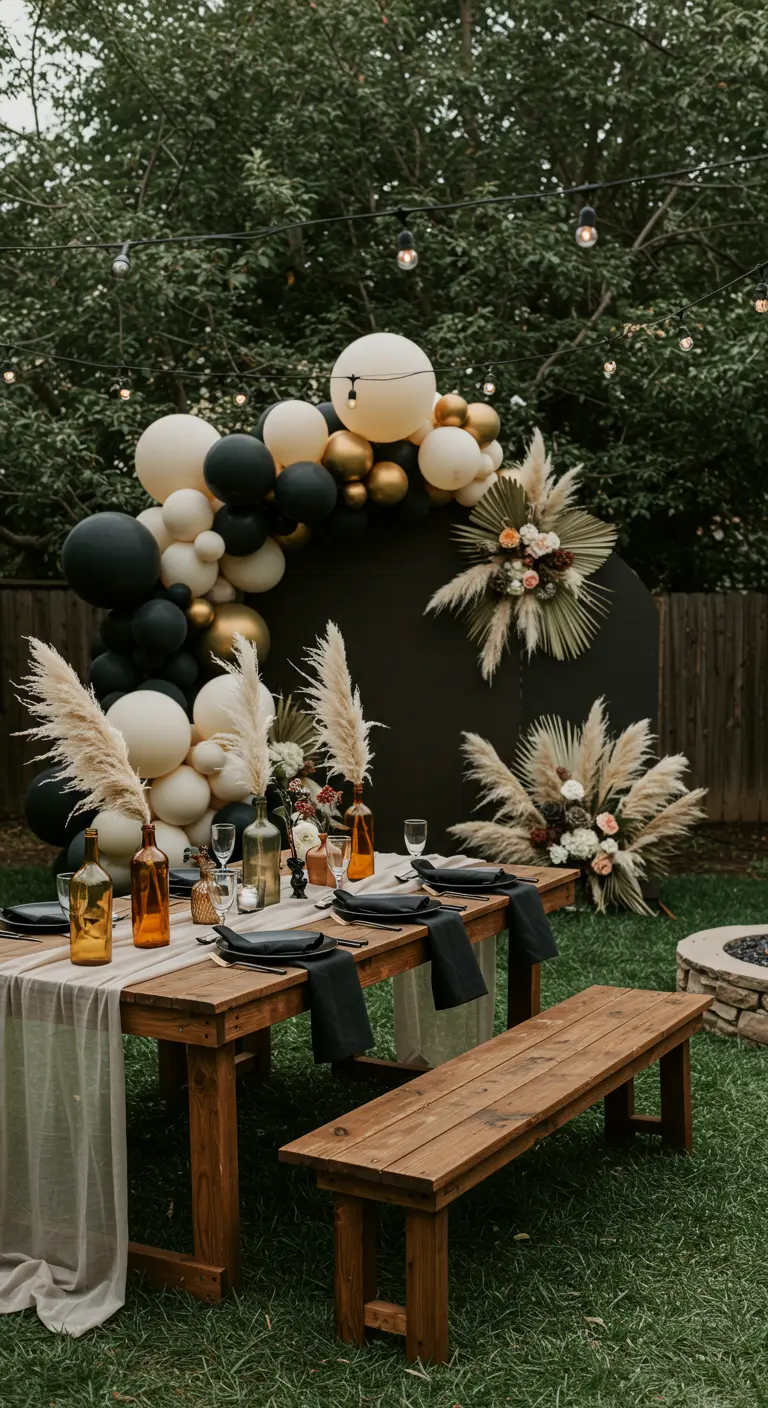 Arche de ballons noirs, blancs et dorés dans un jardin avec table en bois et foyer.