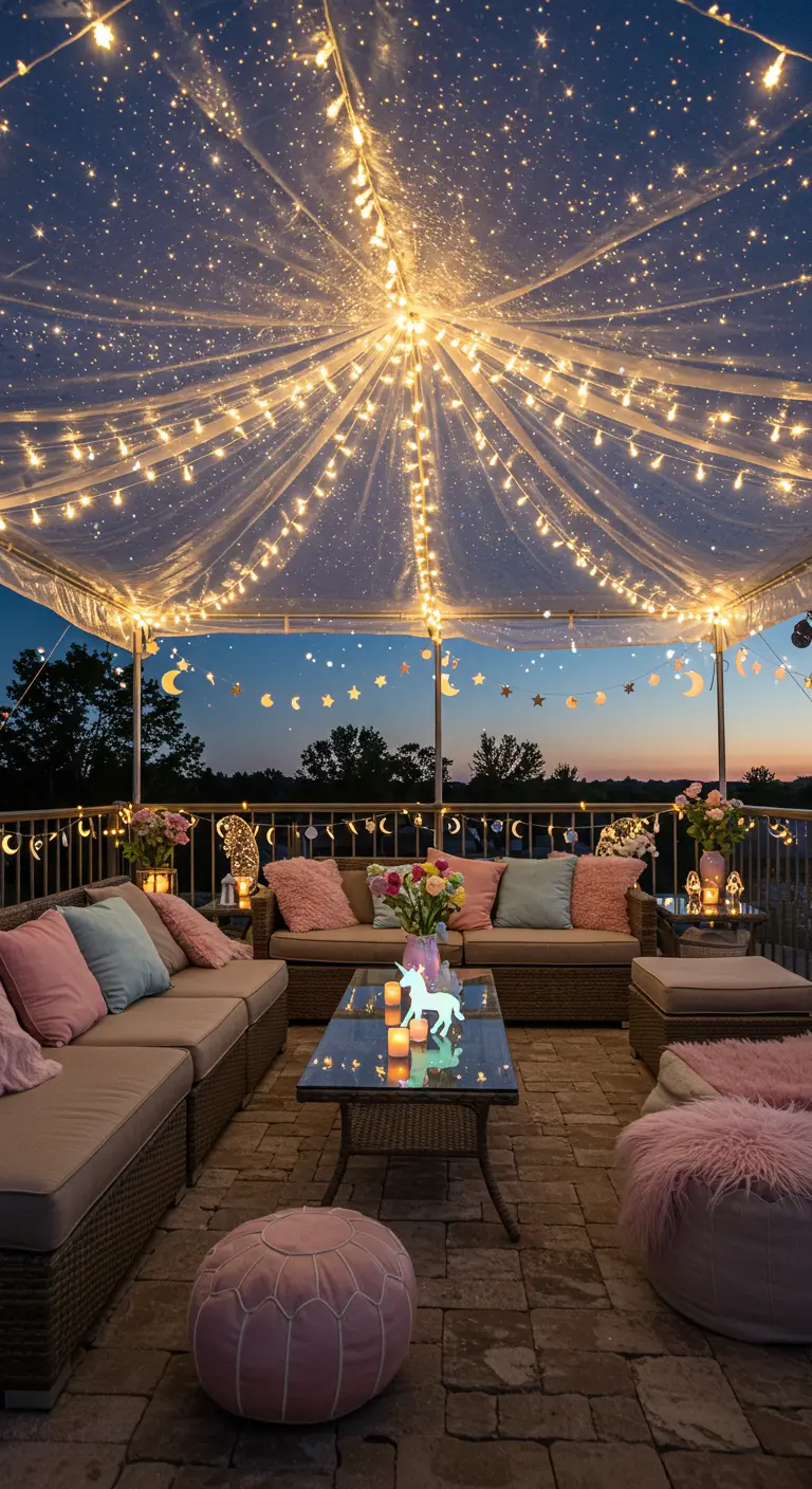 Terrasse extérieure sous une toile transparente illuminée de guirlandes, avec canapés cosy et décorations célestes.
