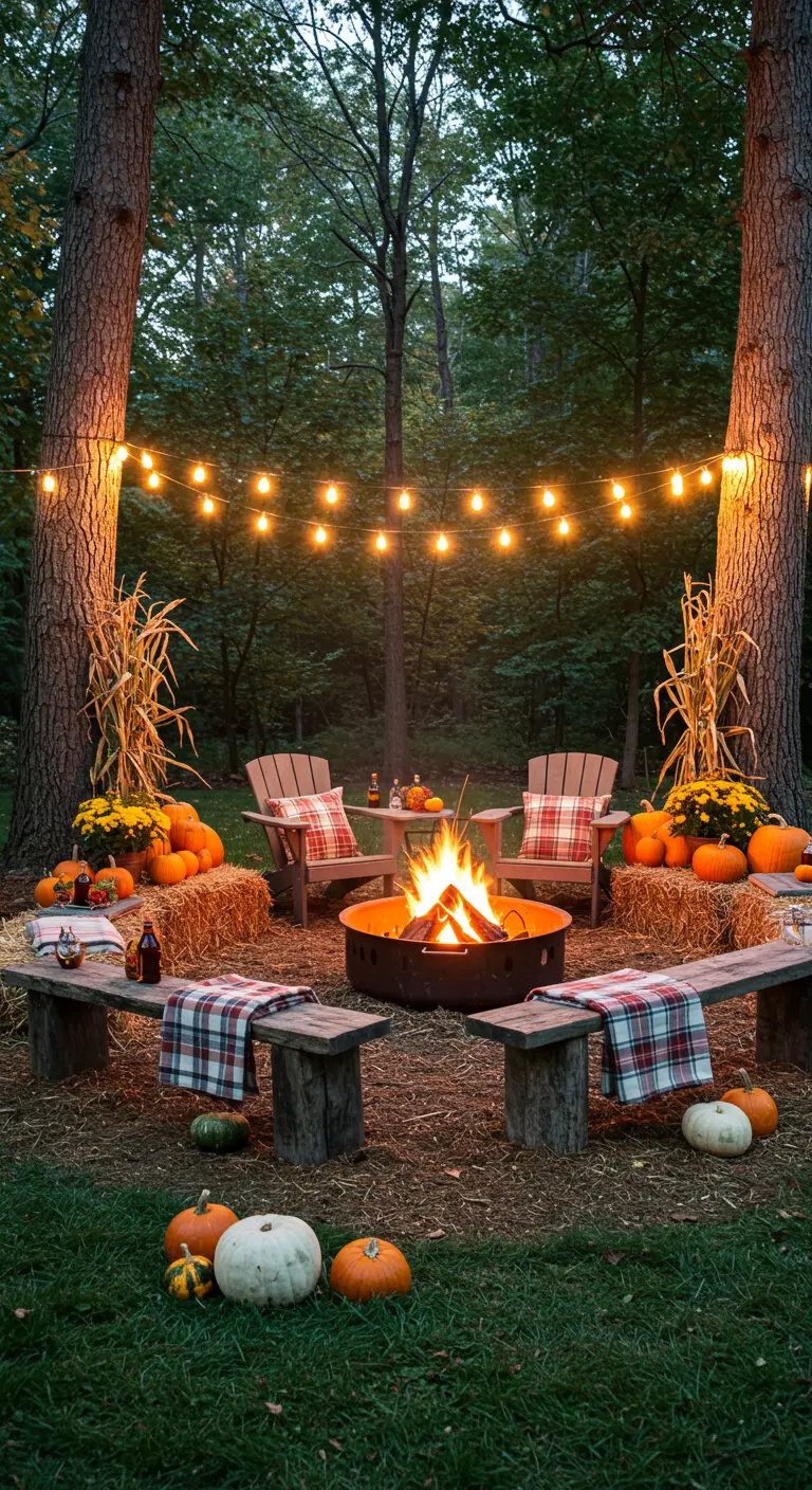 Feu de camp en forêt avec des bancs, plaids à carreaux et guirlandes