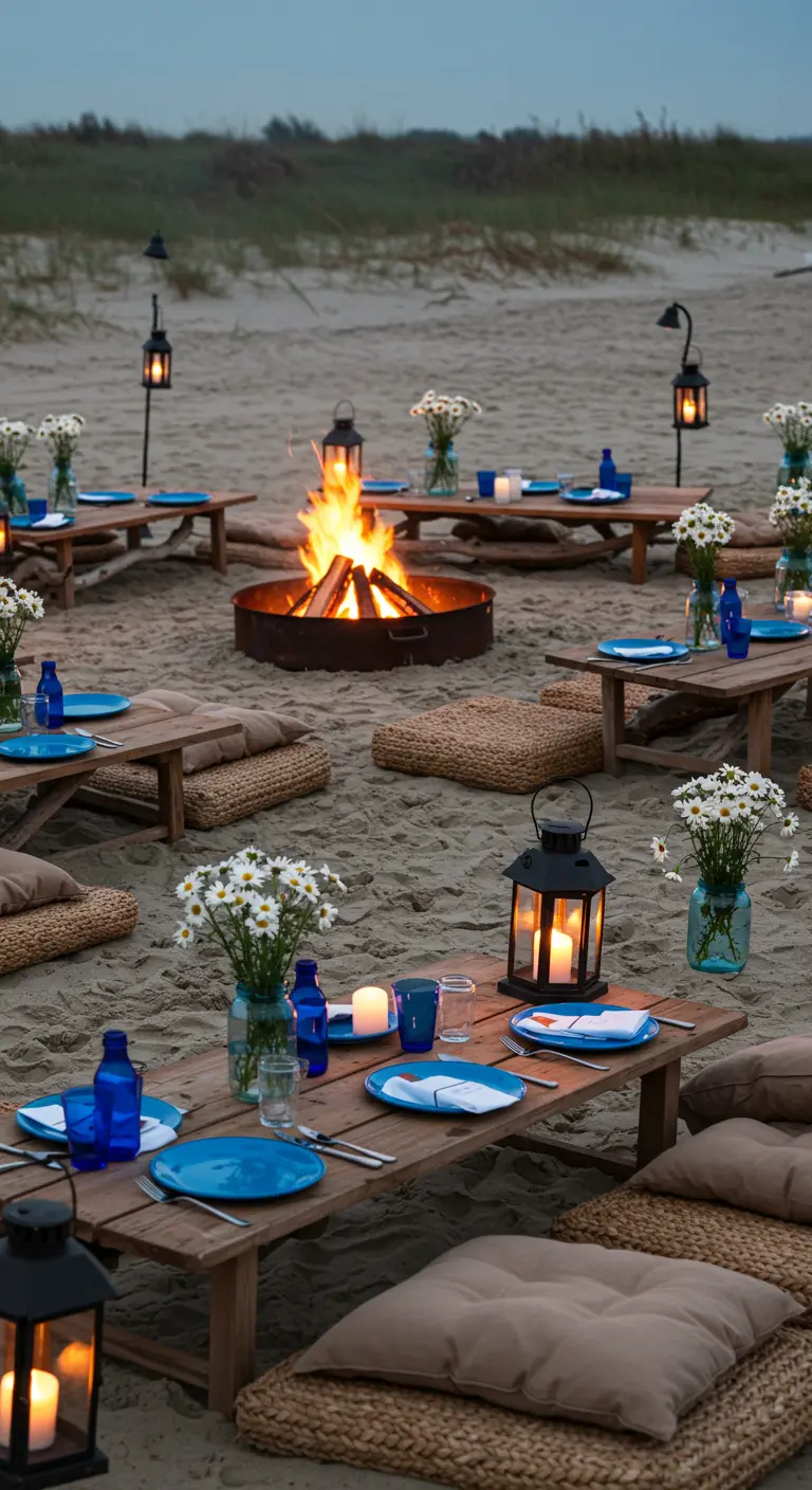 Espace de dîner sur la plage avec tables basses en bois, coussins, et un grand feu de joie central.