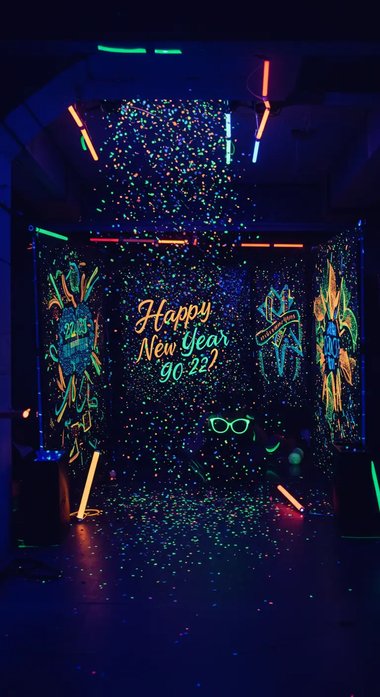 Photobooth fluo avec décor noir peint en UV, bâtons lumineux, néons et confettis brillants.