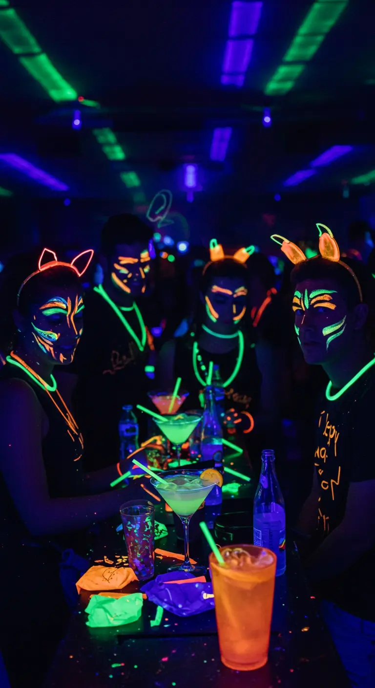 Groupe de personnes avec du maquillage fluo sous une lumière noire, tenant des cocktails lumineux.