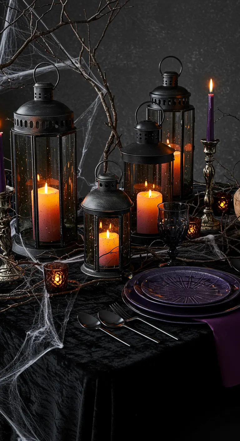 Lanternes noires avec bougies colorées sur une table d'Halloween avec des toiles d'araignée.