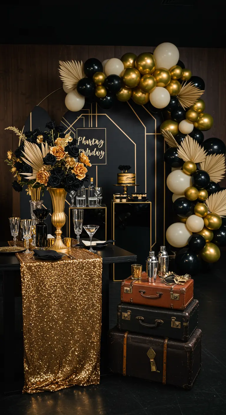 Décoration Gatsby glamour avec arche de ballons noirs, blancs et dorés, table à cocktails.