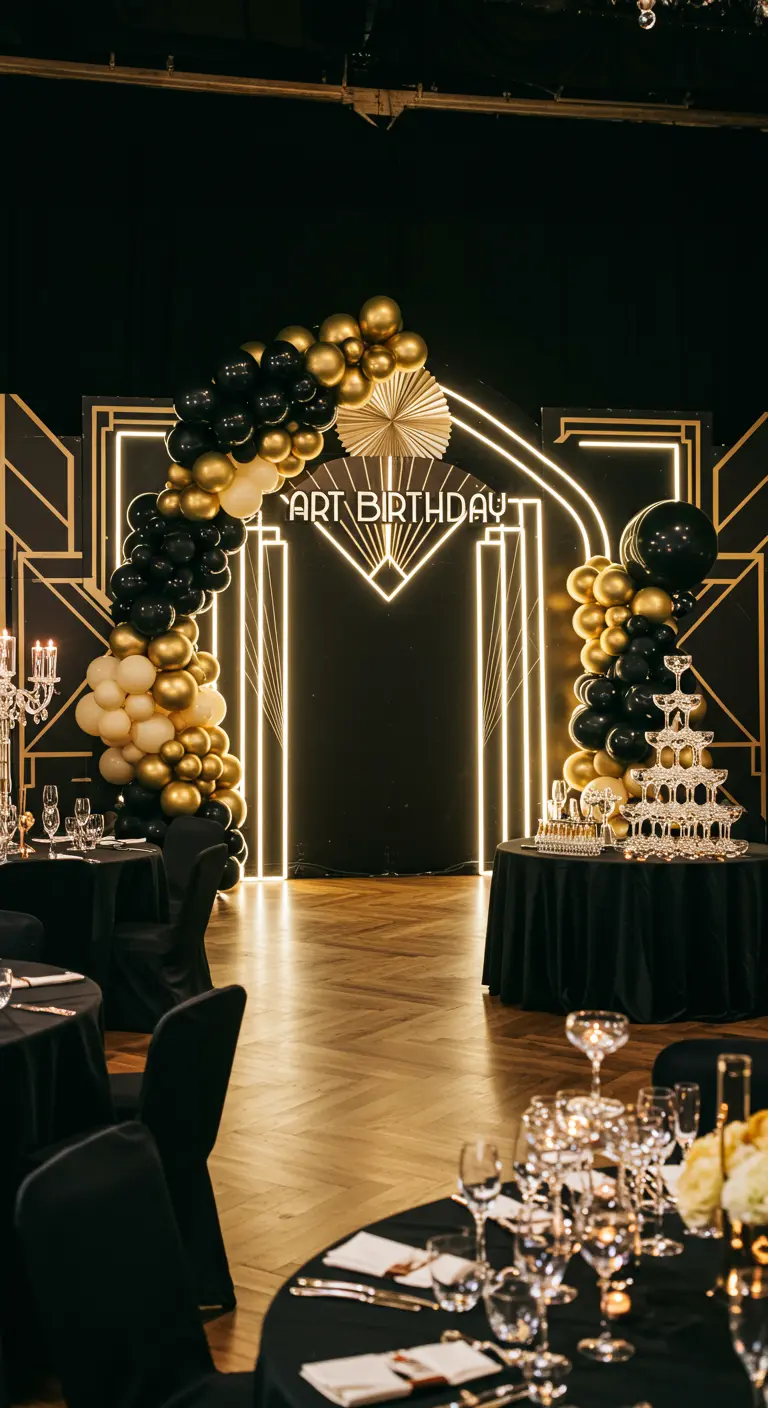 Arche de ballons noir et or dans un style Art Déco avec des néons.