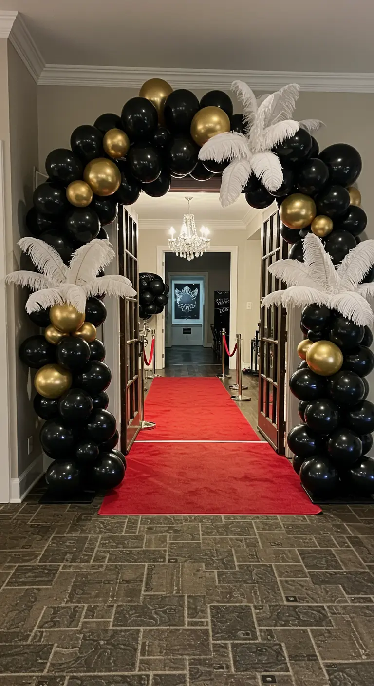 Arche de ballons noirs et dorés avec des plumes blanches, encadrant un tapis rouge.