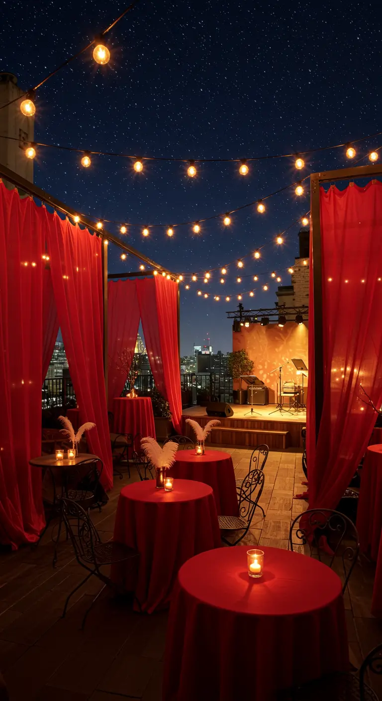 Terrasse sur le toit décorée de rideaux rouges, guirlandes lumineuses et tables de cocktail.