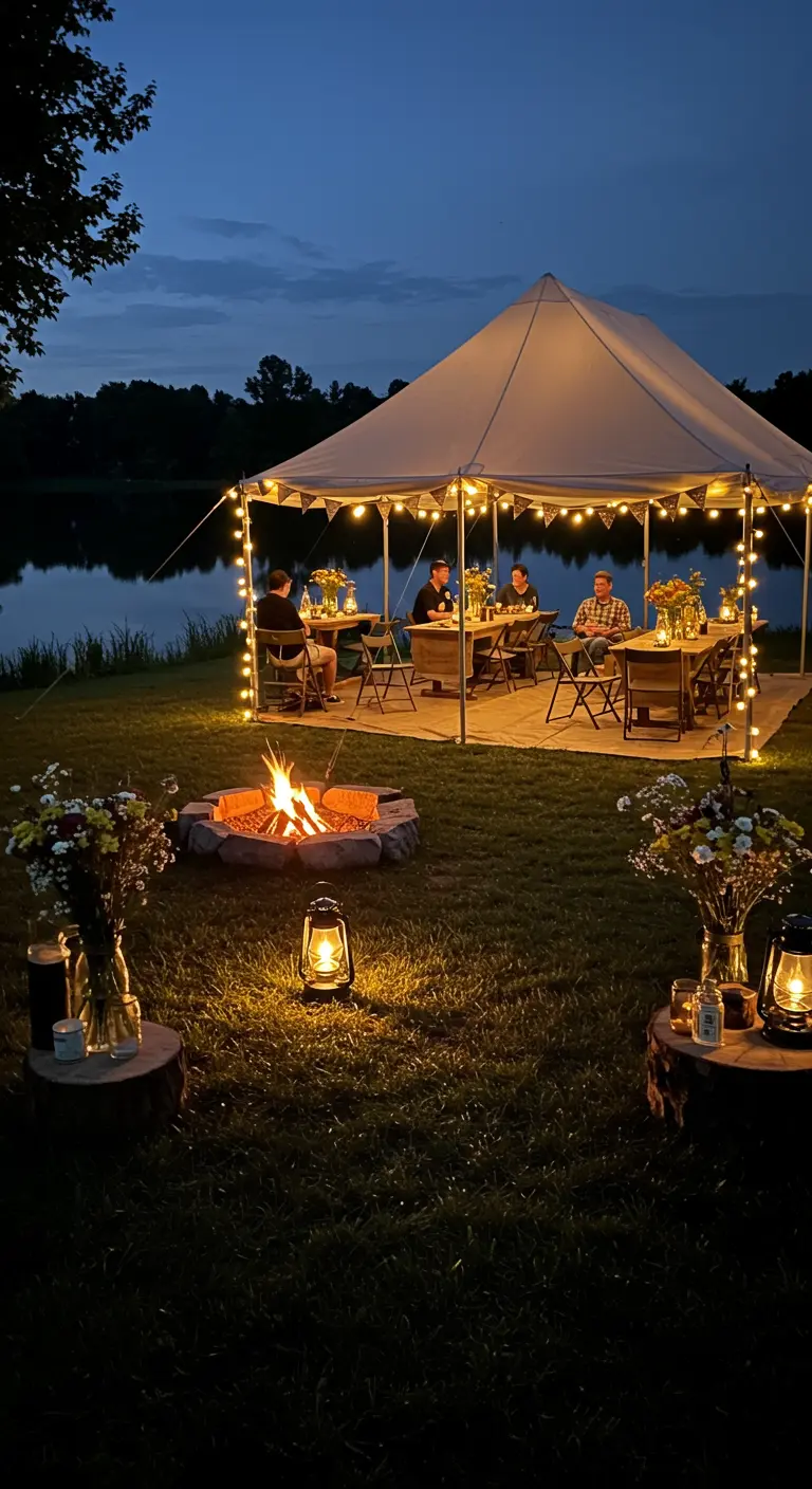 Fête nocturne au bord d'un lac avec un feu de camp et des guirlandes.