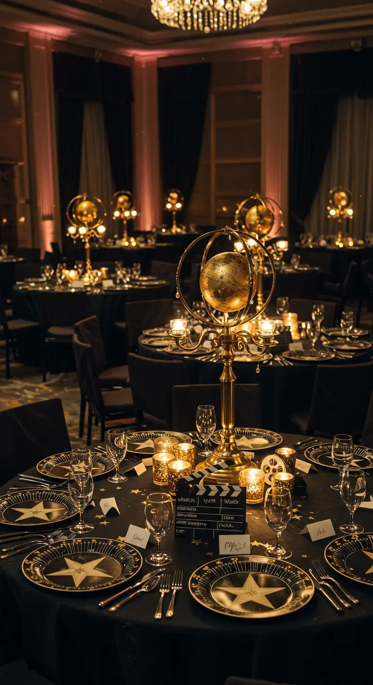 Table de gala sur le thème du cinéma, avec des étoiles dorées et des claps.