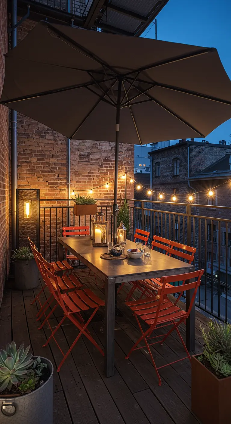 Table en métal gris, chaises orange, parasol gris sur balcon en briques avec guirlandes et lanterne.