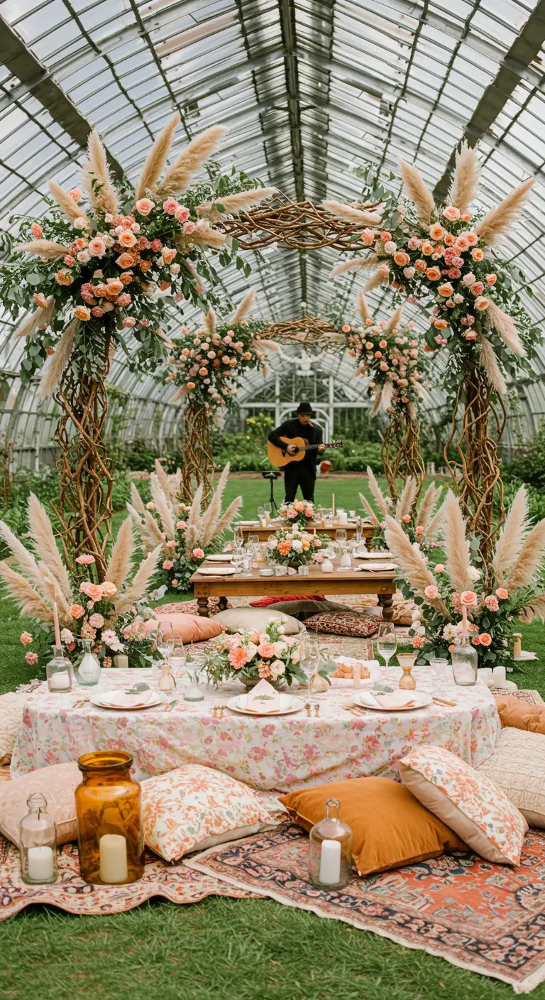 Soirée japonaise sous les cerisiers en fleurs illuminés, tables rondes basses, lampions et bougies.