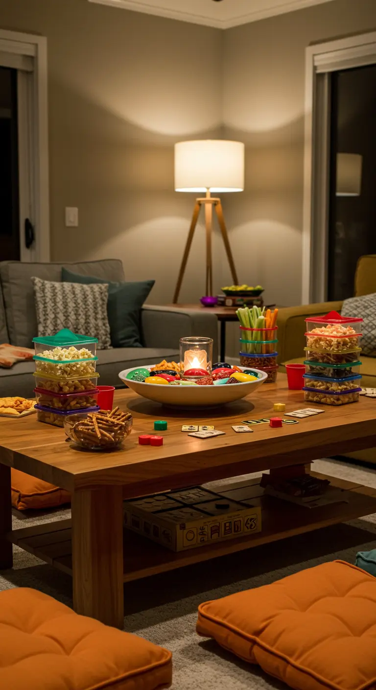 Table basse avec collations dans des boîtes empilables, un plat central et des coussins de sol.