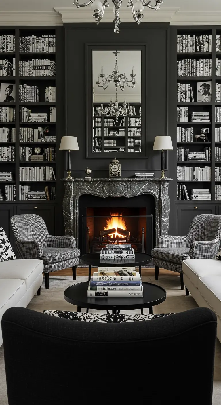 Salon bibliothèque chic avec murs noirs, fauteuils et feu de cheminée.