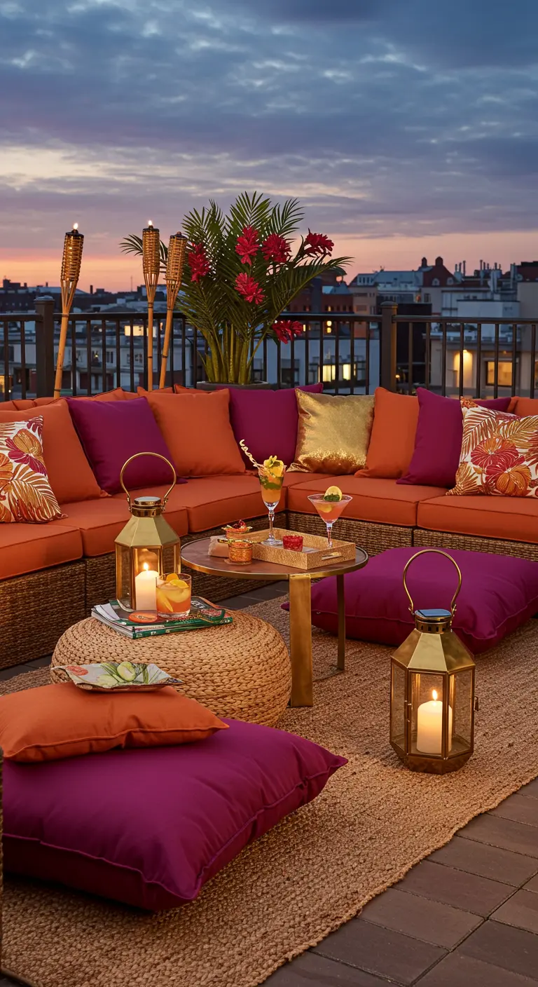 Terrasse lounge au crépuscule avec un grand canapé d'angle et des coussins colorés.