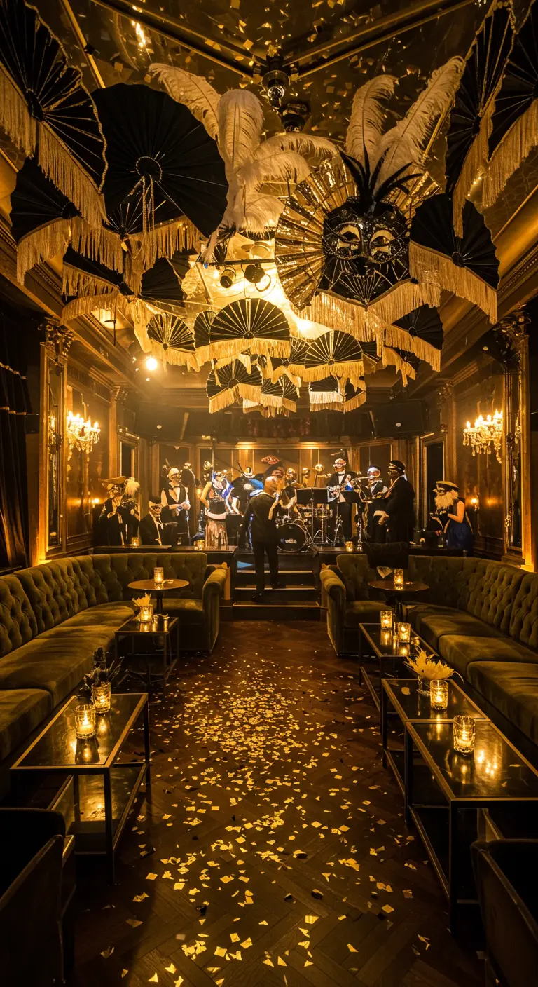 Salon lounge élégant noir et or avec éventails stylisés, plumes et confettis dorés.
