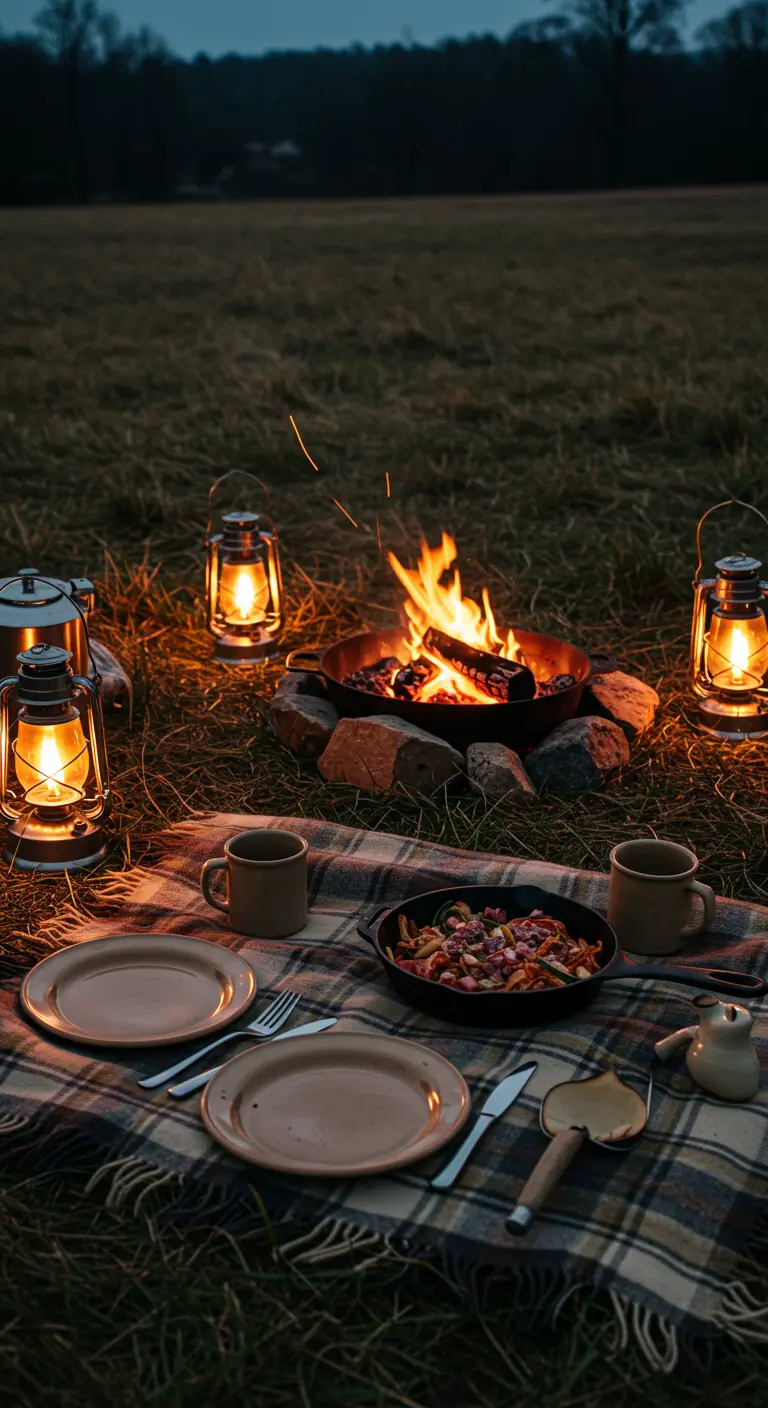 Pique-nique nocturne autour d'un feu de camp avec des lanternes à huile.