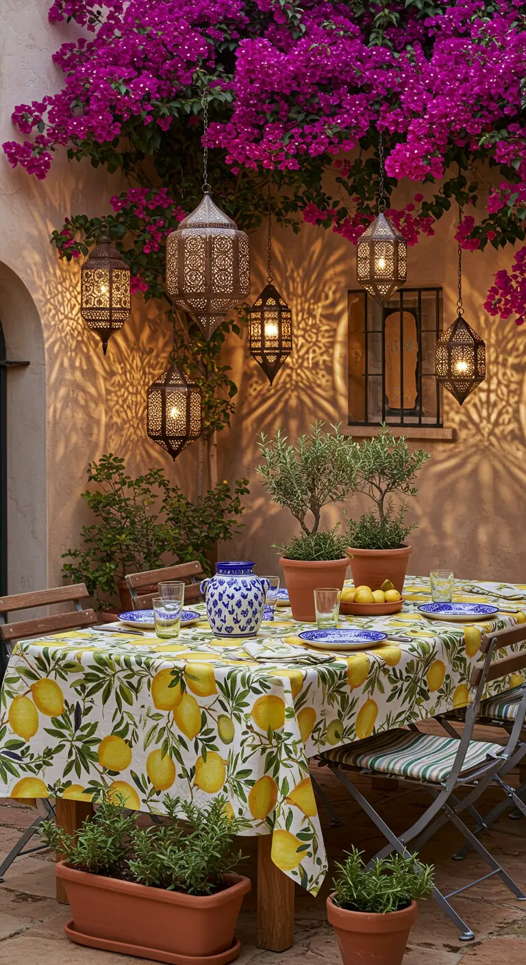 Table sous des bougainvilliers, avec une nappe à citrons et des lanternes marocaines suspendues.