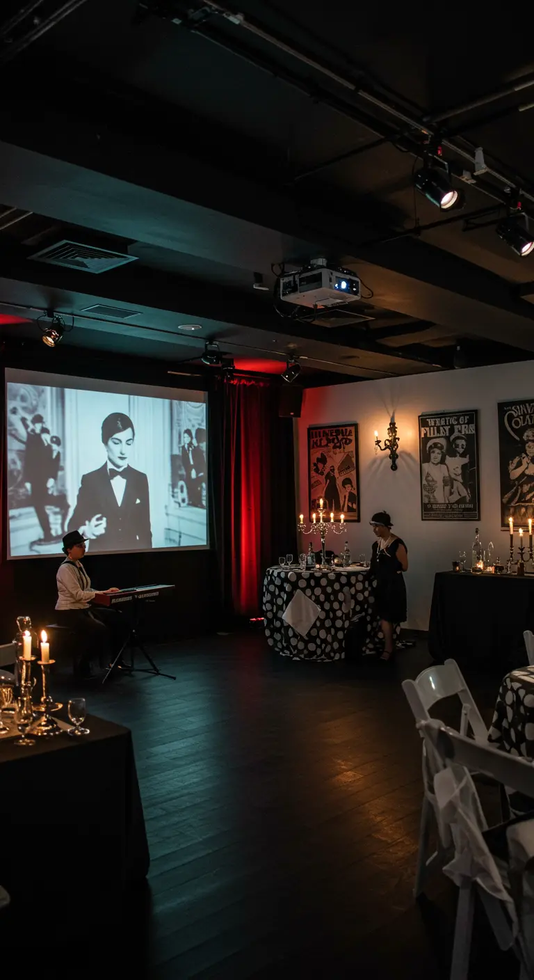 Projection d'un film muet avec une pianiste et un décor en noir et blanc.