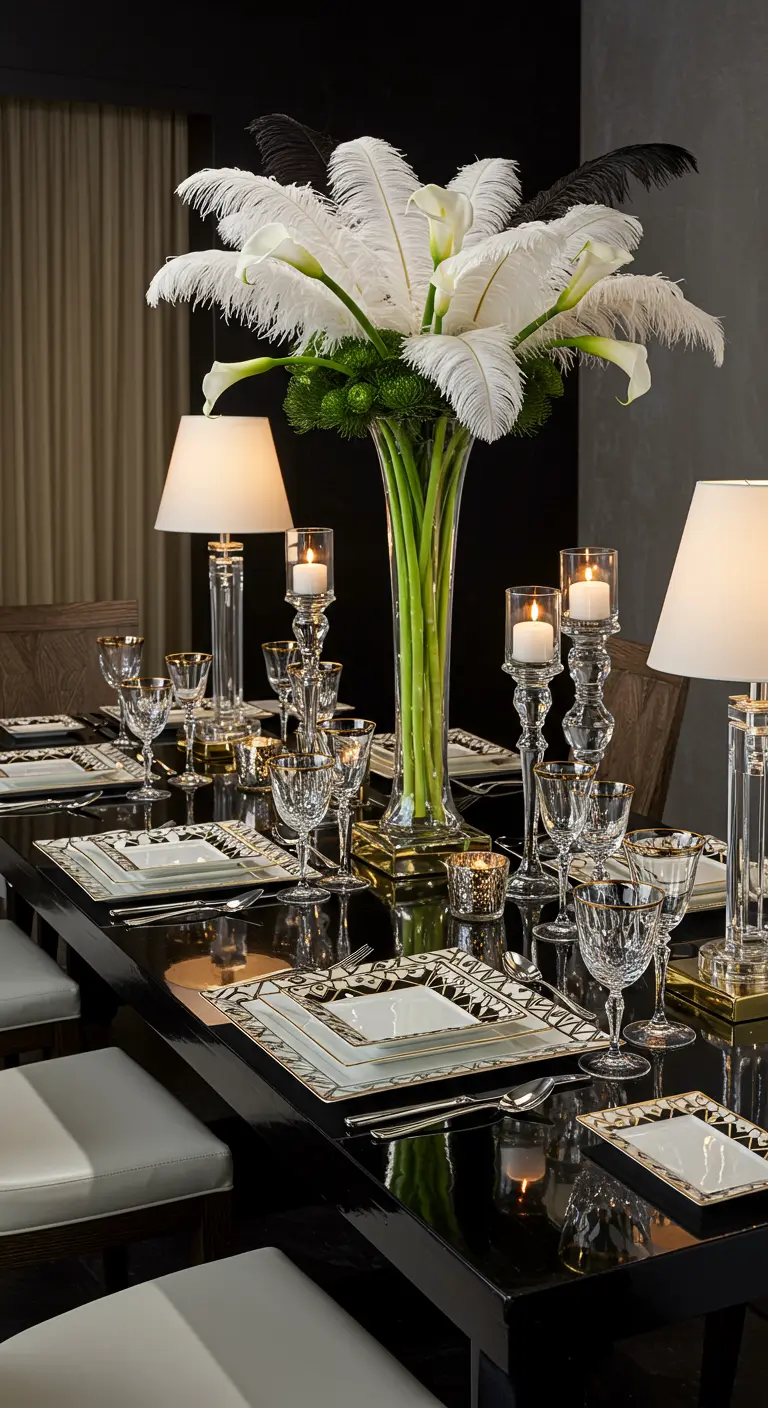 Table noire élégante avec vaisselle géométrique, bougeoirs, lampes et grand vase de callas et plumes blanches.