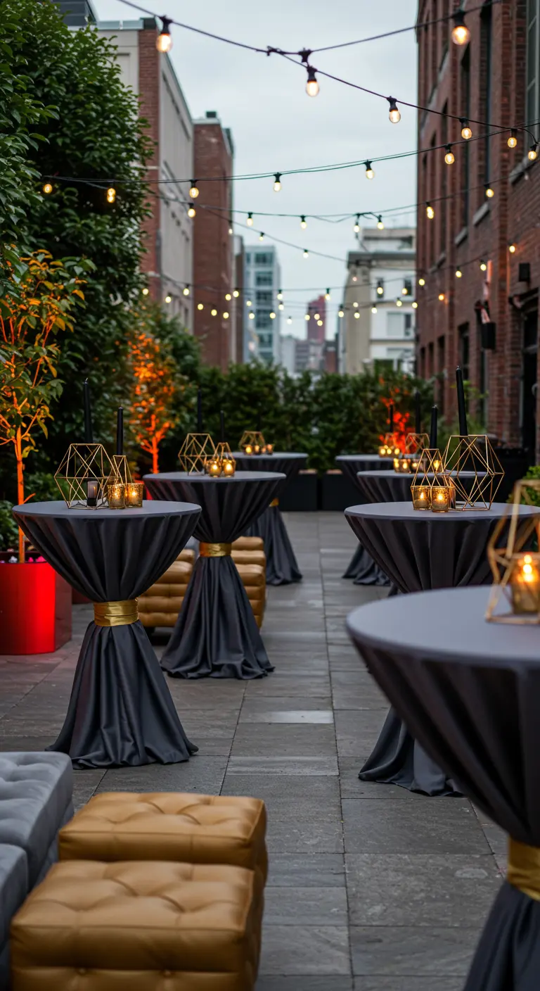 Patio urbain avec tables hautes grises, lanternes géométriques dorées et guirlandes lumineuses.