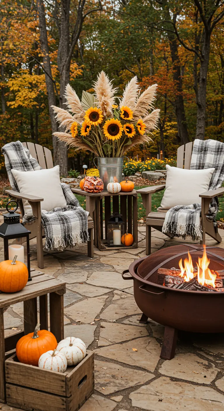 Coin feu extérieur avec fauteuils Adirondack, citrouilles et bouquet de tournesols.