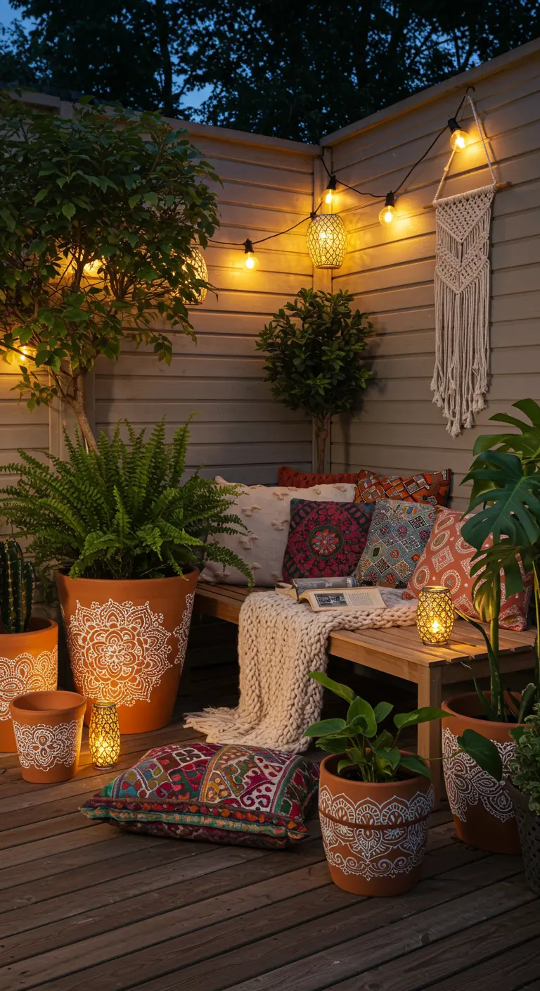 Coin terrasse bohème la nuit avec guirlandes, coussins et pots peints en blanc.