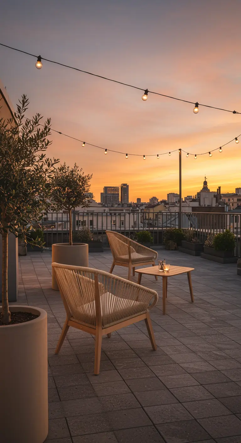 Deux fauteuils en rotin tressé, une petite table en bois, des oliviers en pots et des guirlandes lumineuses sur un rooftop urbain au coucher du soleil.