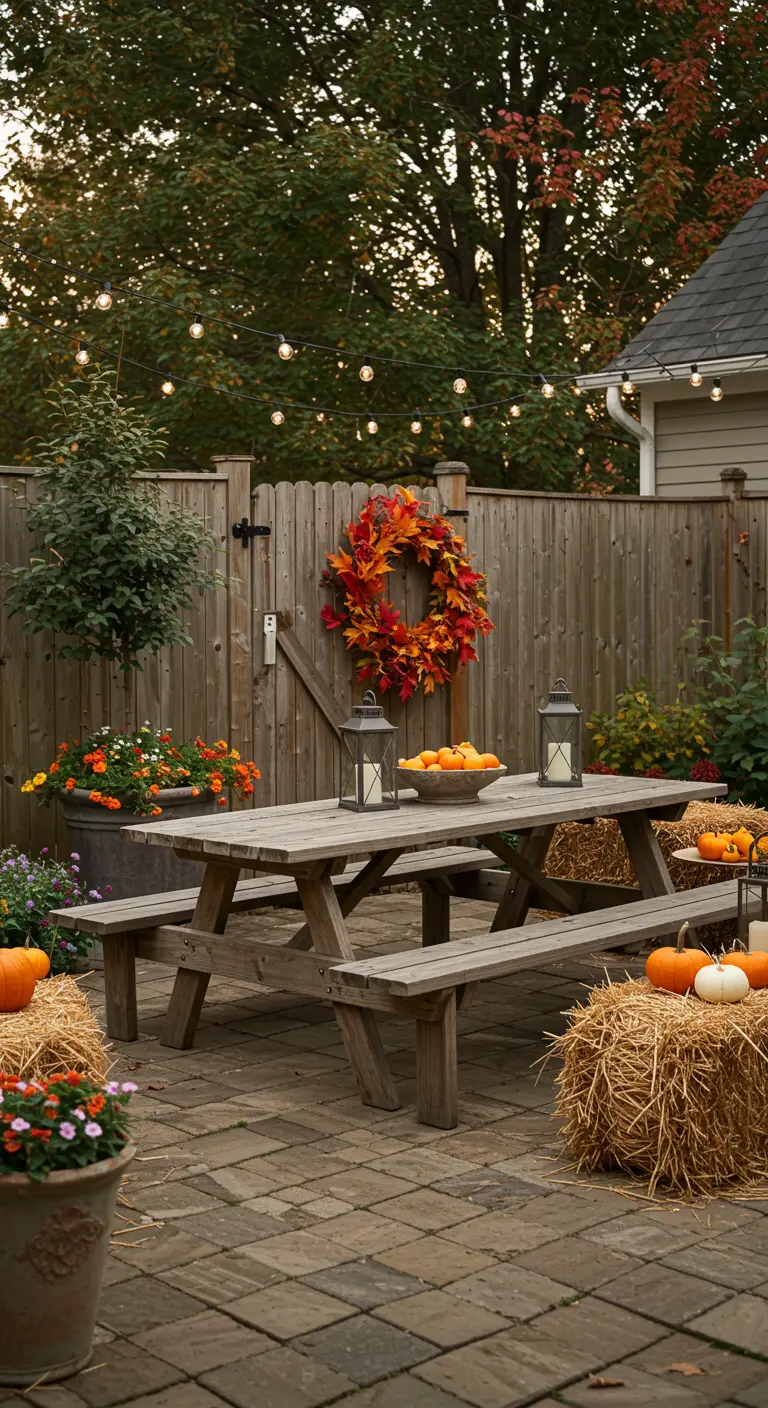 Patio décoré pour l'automne avec table de pique-nique, bottes de paille, citrouilles et guirlandes lumineuses.