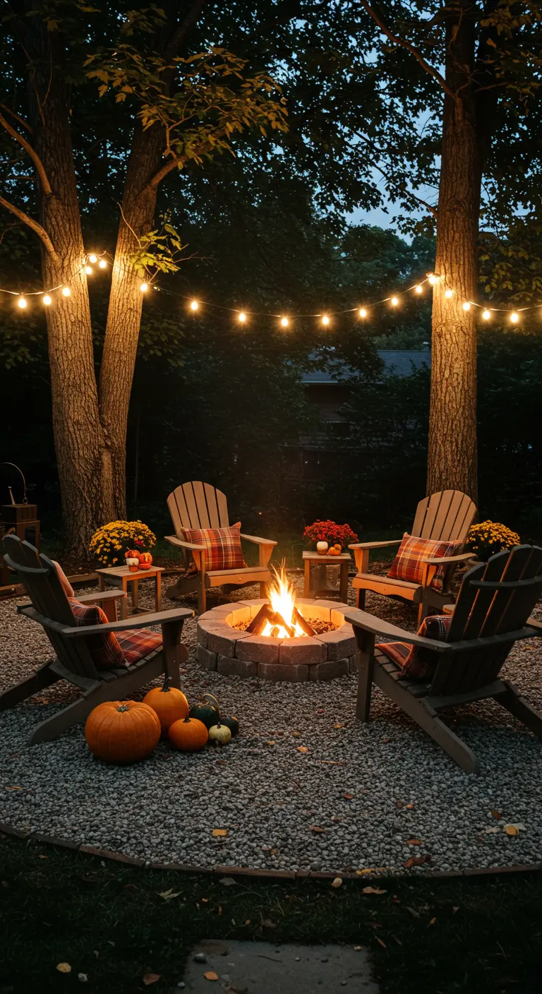 Coin feu dans le jardin avec chaises Adirondack et citrouilles.