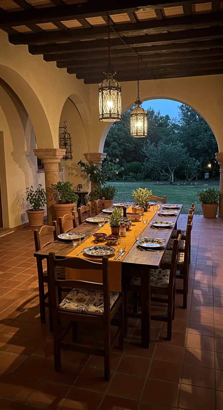 Longue table sous une arcade éclairée par des lanternes.