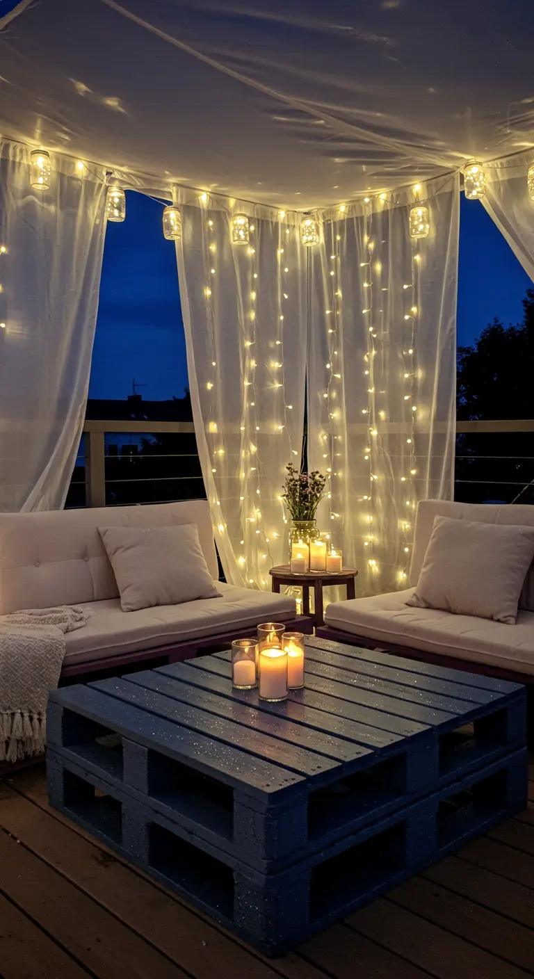 Balcon intime la nuit avec rideaux lumineux, guirlandes, bougies et table palette bleue.