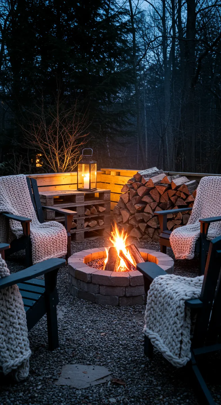 Coin feu de camp dans les bois avec chaises noires, plaids tricotés, lanterne sur table en palettes.