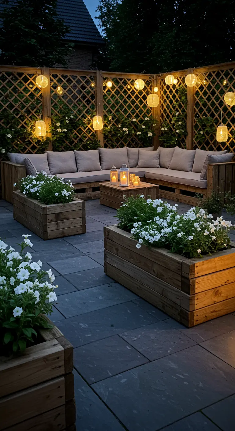 Soirée sur terrasse avec salon de jardin en palettes, jardinières en bois de fleurs blanches, guirlandes lumineuses.