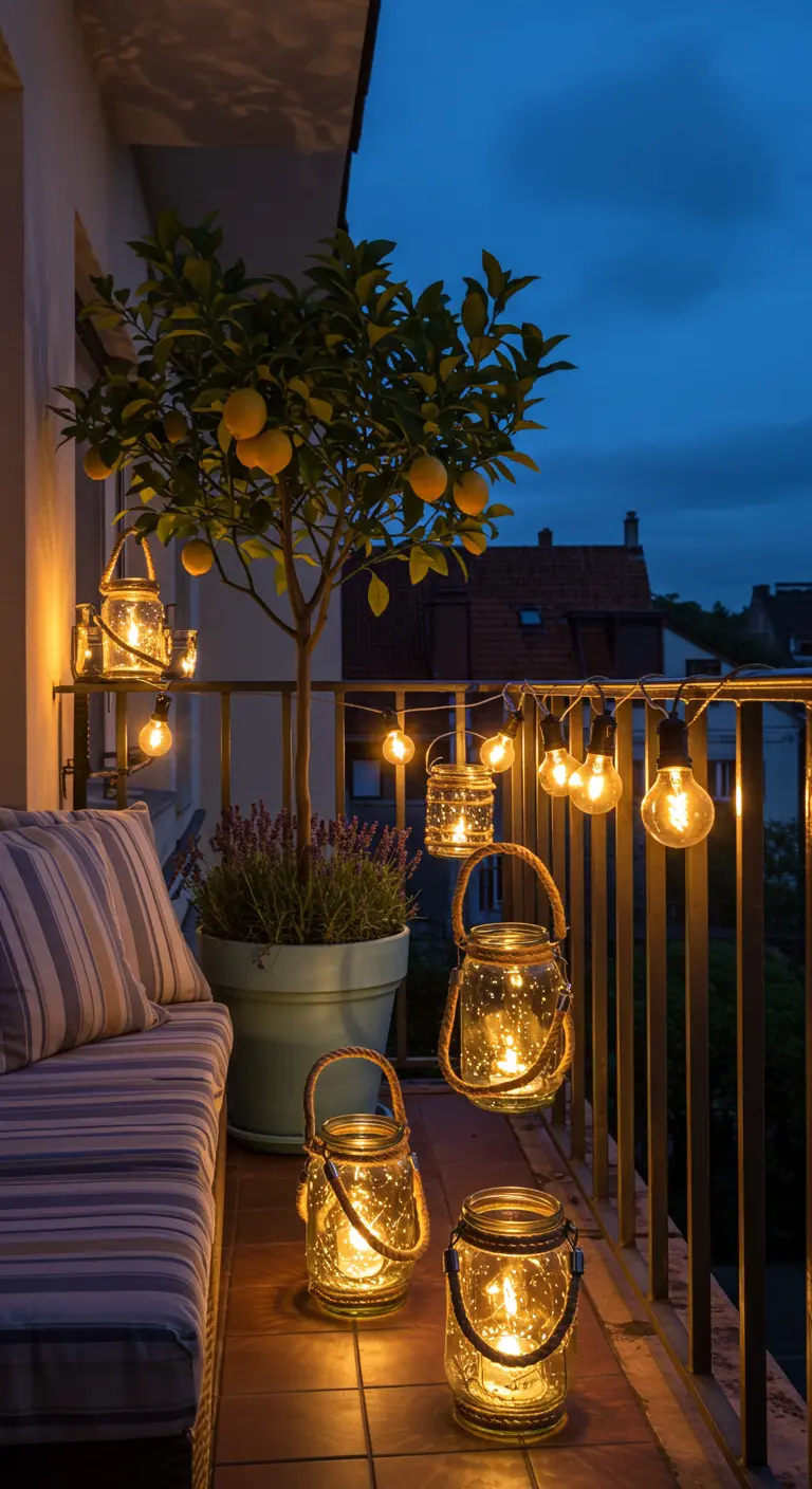 Balcon de nuit illuminé par des guirlandes et des lanternes en bocal.