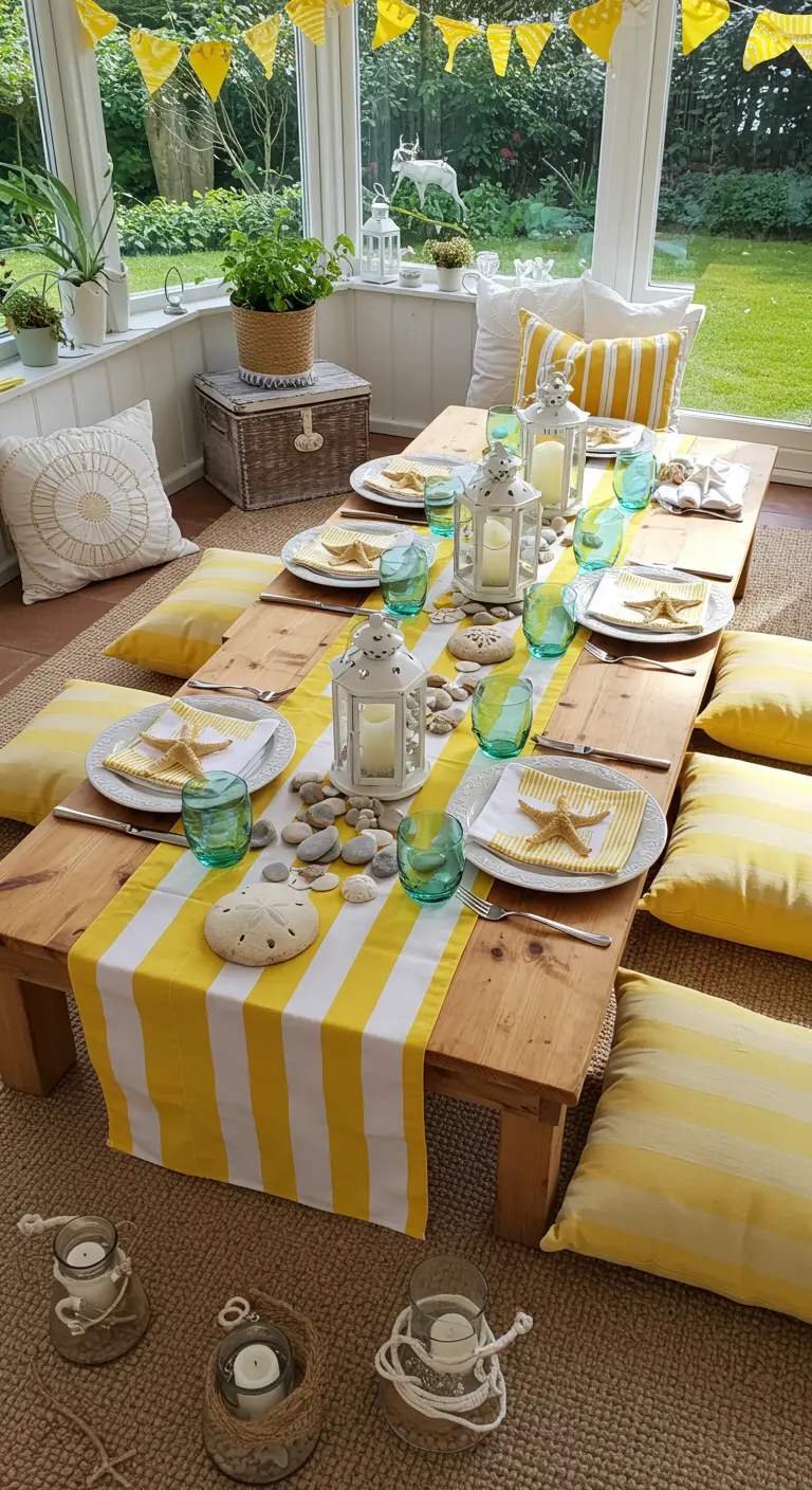 Table basse en bois avec un chemin de table jaune et blanc, des lanternes et des étoiles de mer.