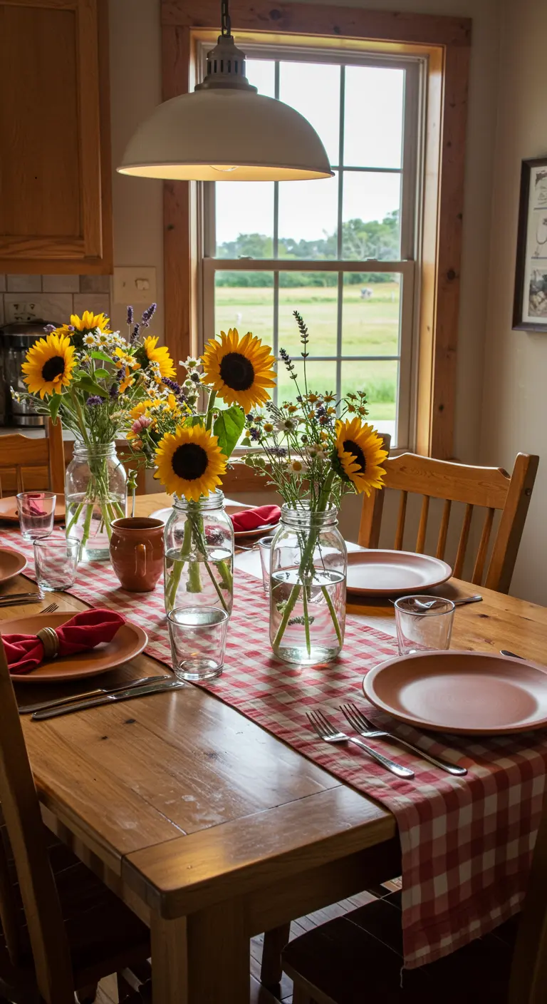 Table de cuisine en bois avec tournesols et fleurs dans des bocaux en verre, nappe à carreaux.