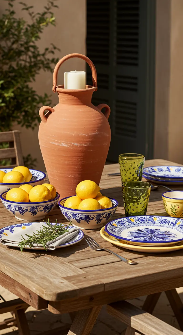 Lanterne en terre cuite entourée de citrons sur une table d'inspiration méditerranéenne.