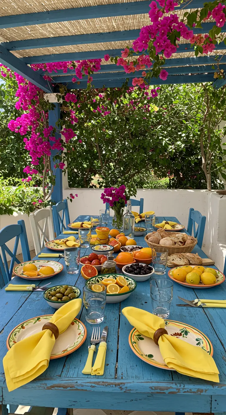 Table méditerranéenne bleue et jaune sous des bougainvilliers.