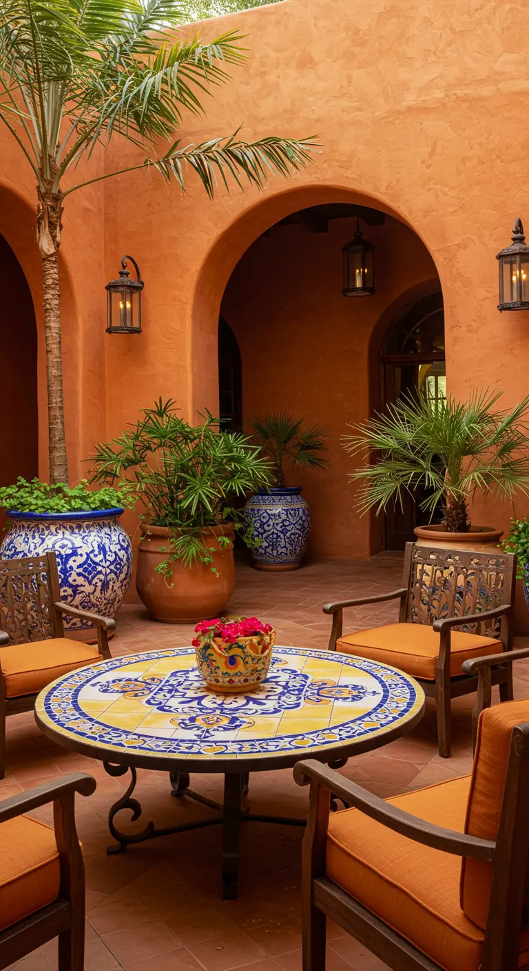 Table ronde en mosaïque de style Talavera dans une cour de hacienda.